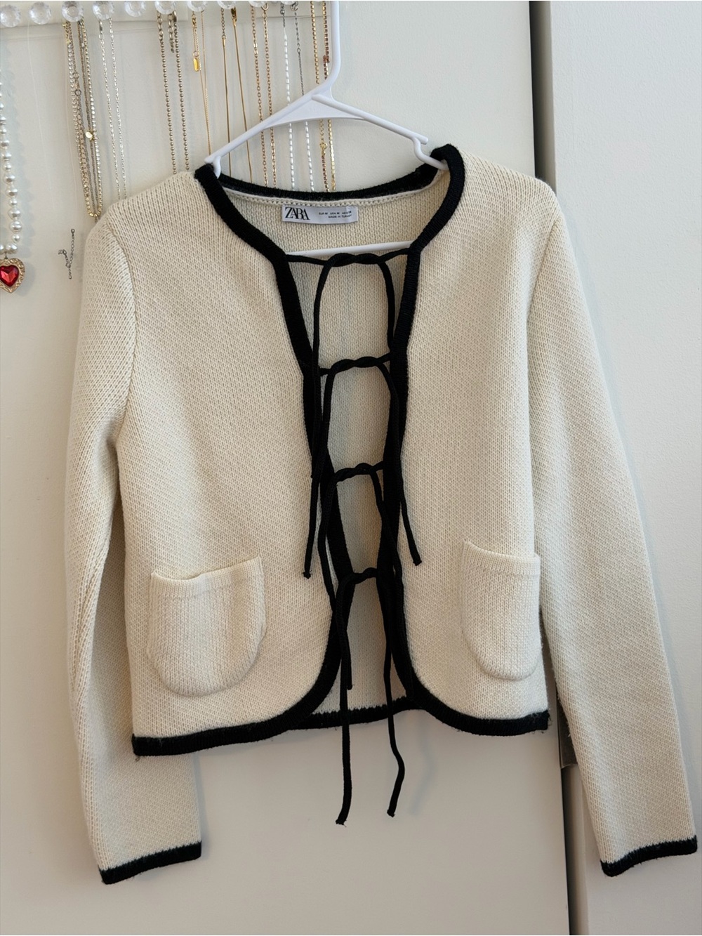 Zara Cream Cardigan with Black Trim and Tie Front
